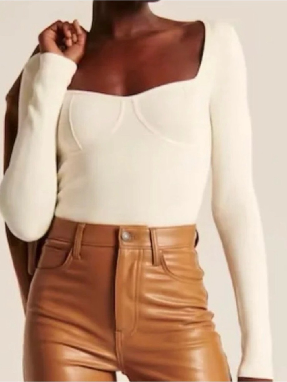 Abercrombie Square-Neck Long Sleeve Crop Top in Cream